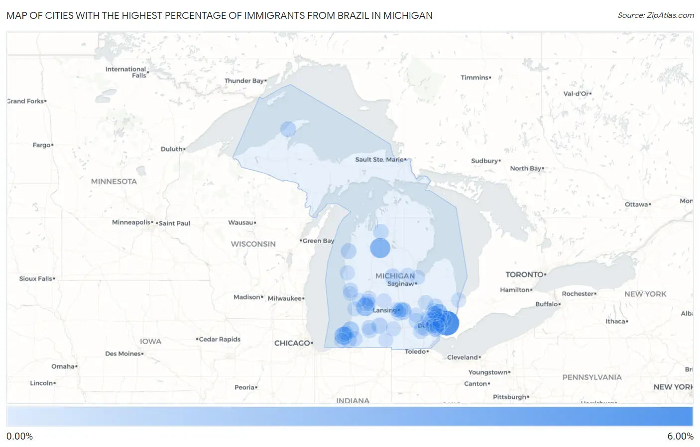 Cities with the Highest Percentage of Immigrants from Brazil in Michigan Map