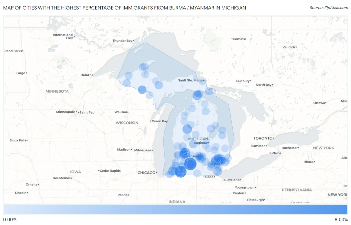 Cities with the Highest Percentage of Immigrants from Burma / Myanmar in Michigan Map