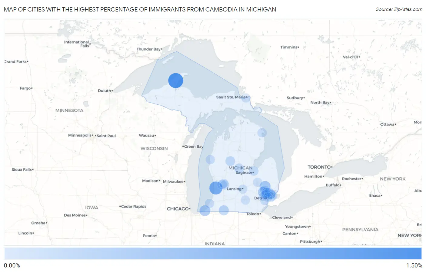 Cities with the Highest Percentage of Immigrants from Cambodia in Michigan Map