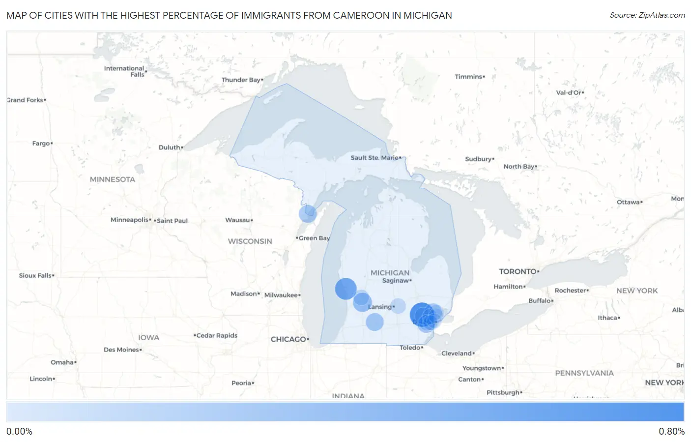 Cities with the Highest Percentage of Immigrants from Cameroon in Michigan Map