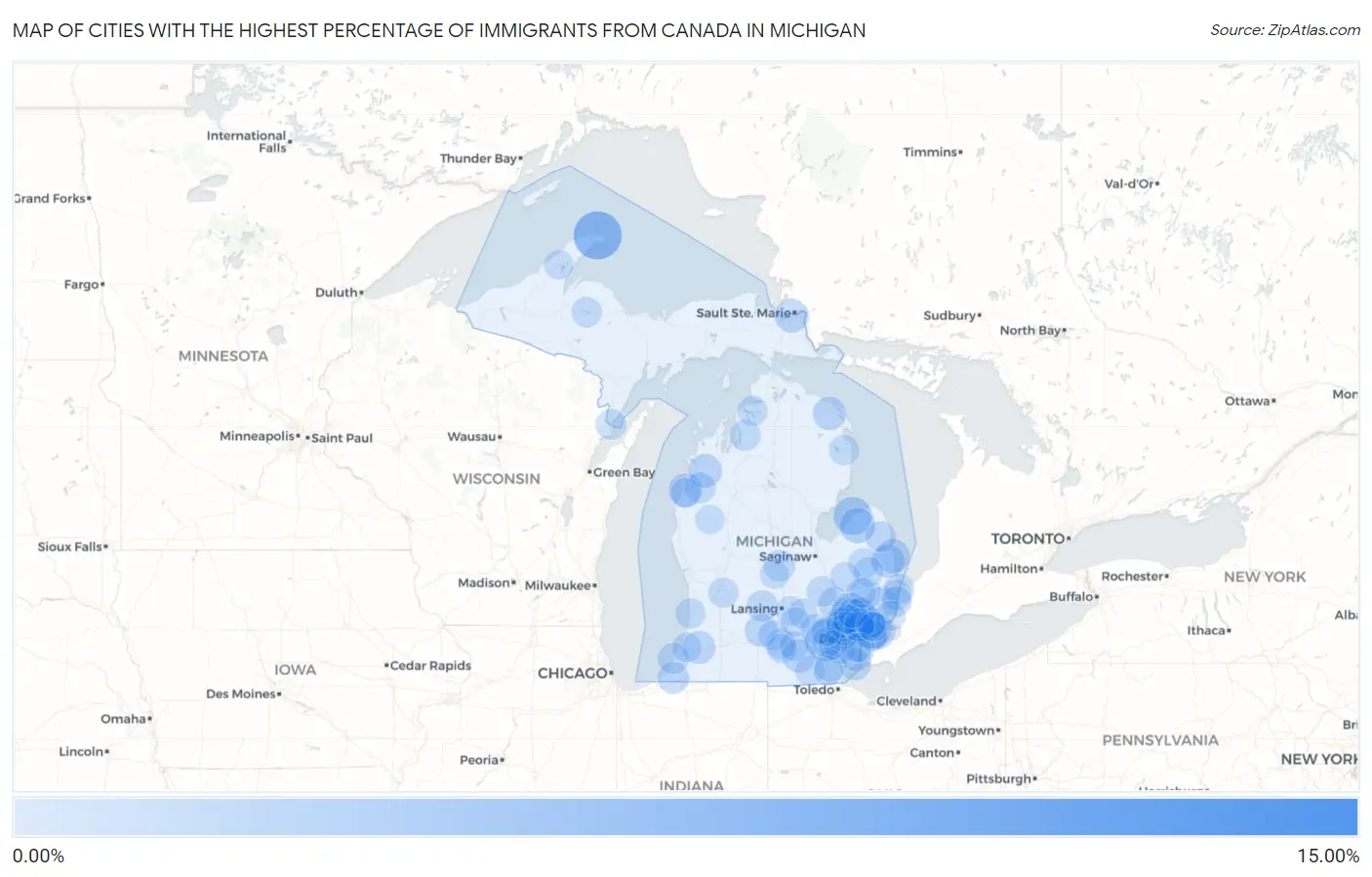 Cities with the Highest Percentage of Immigrants from Canada in Michigan Map