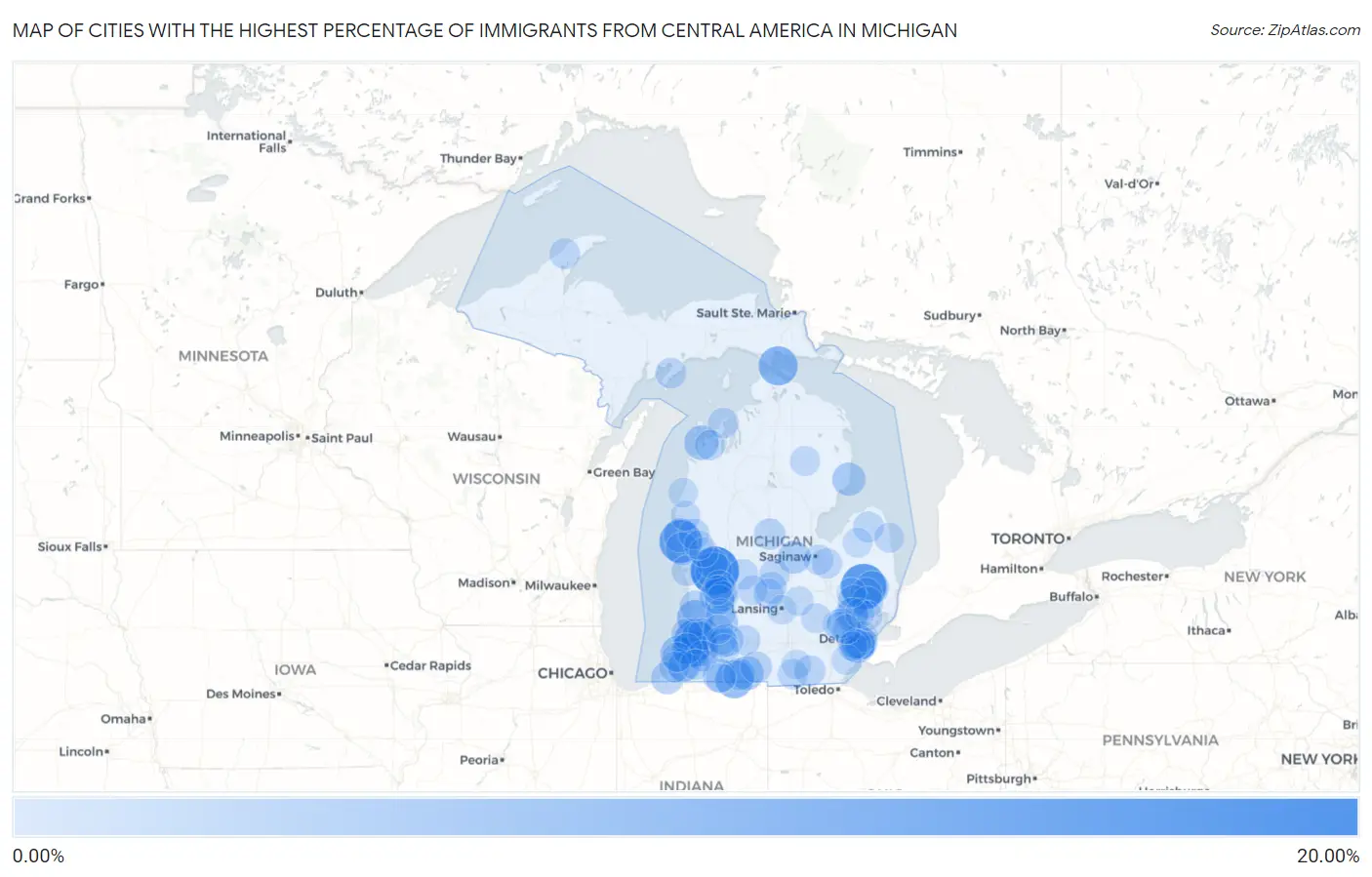 Cities with the Highest Percentage of Immigrants from Central America in Michigan Map
