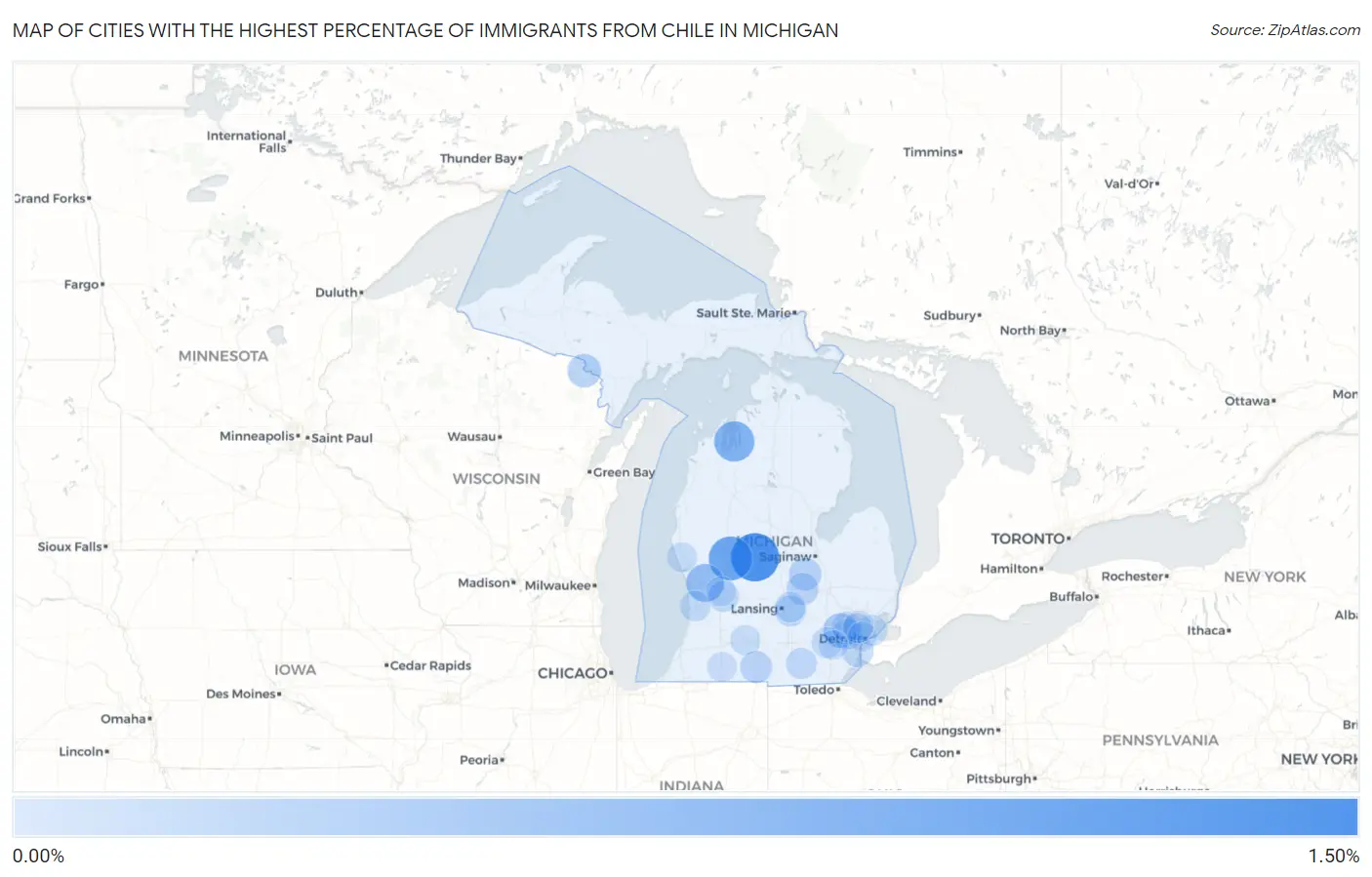 Cities with the Highest Percentage of Immigrants from Chile in Michigan Map