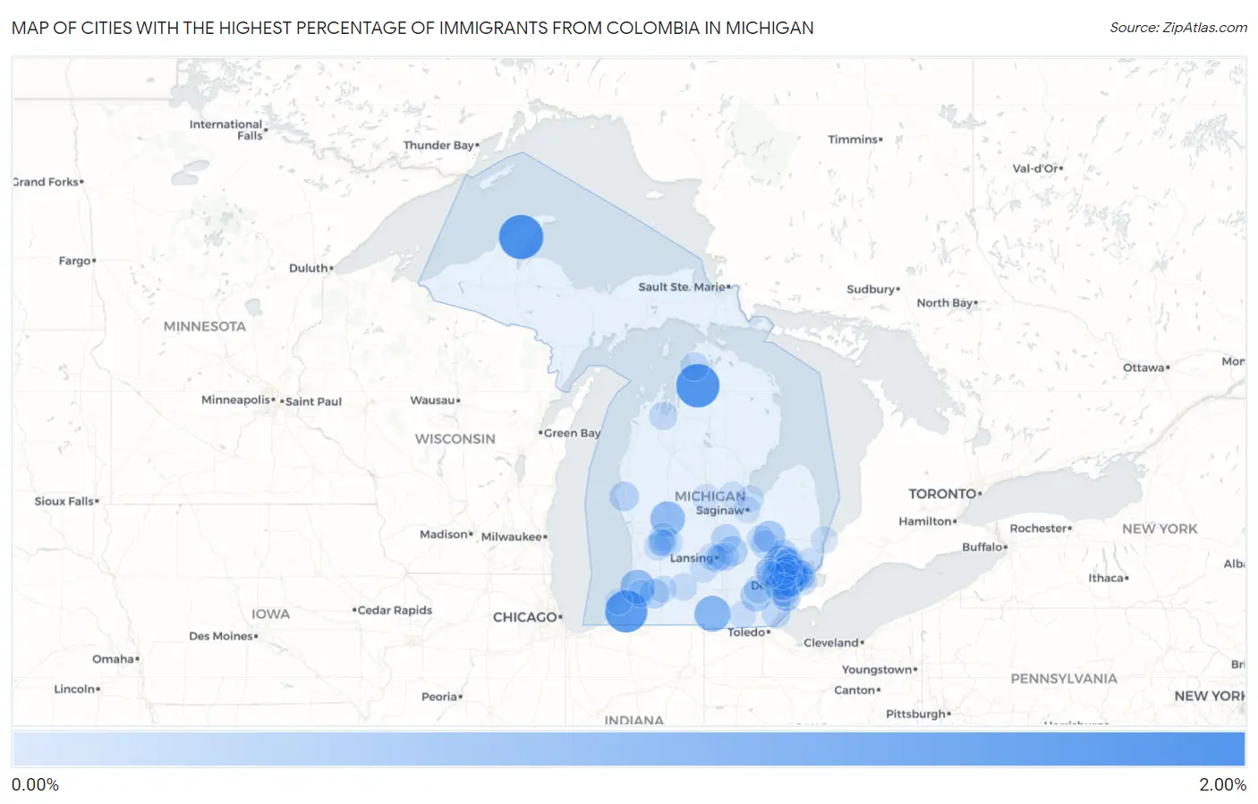 Cities with the Highest Percentage of Immigrants from Colombia in Michigan Map