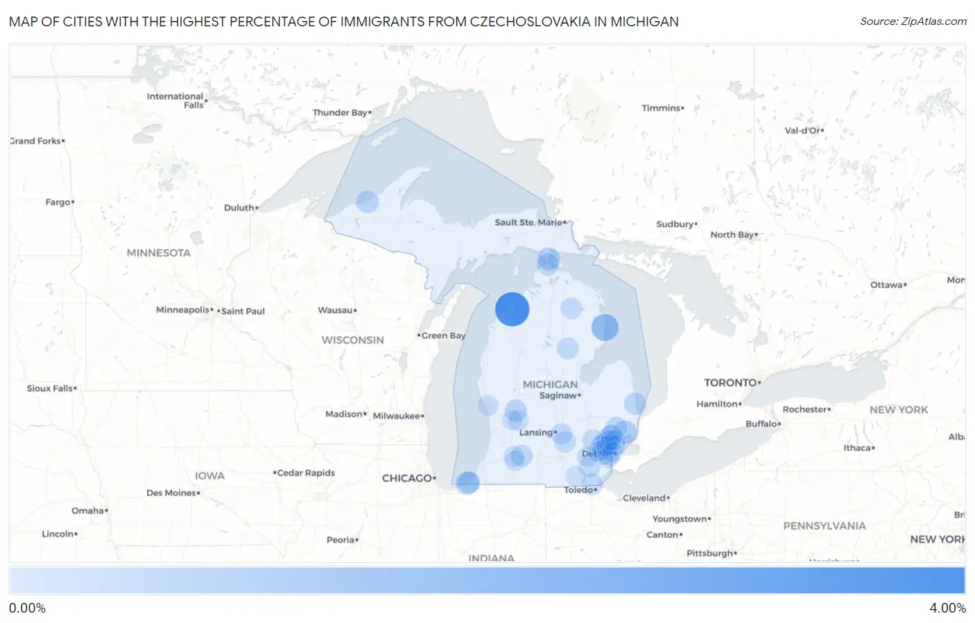 Cities with the Highest Percentage of Immigrants from Czechoslovakia in Michigan Map