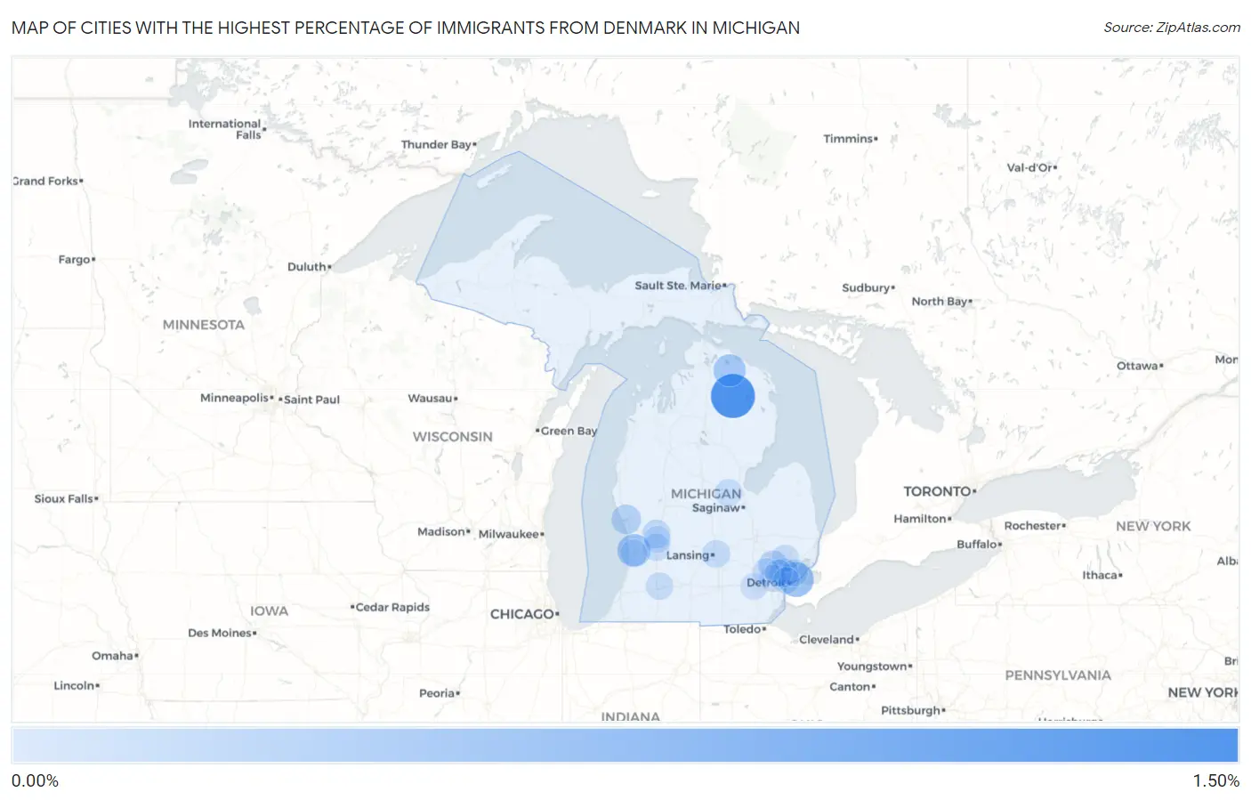 Cities with the Highest Percentage of Immigrants from Denmark in Michigan Map