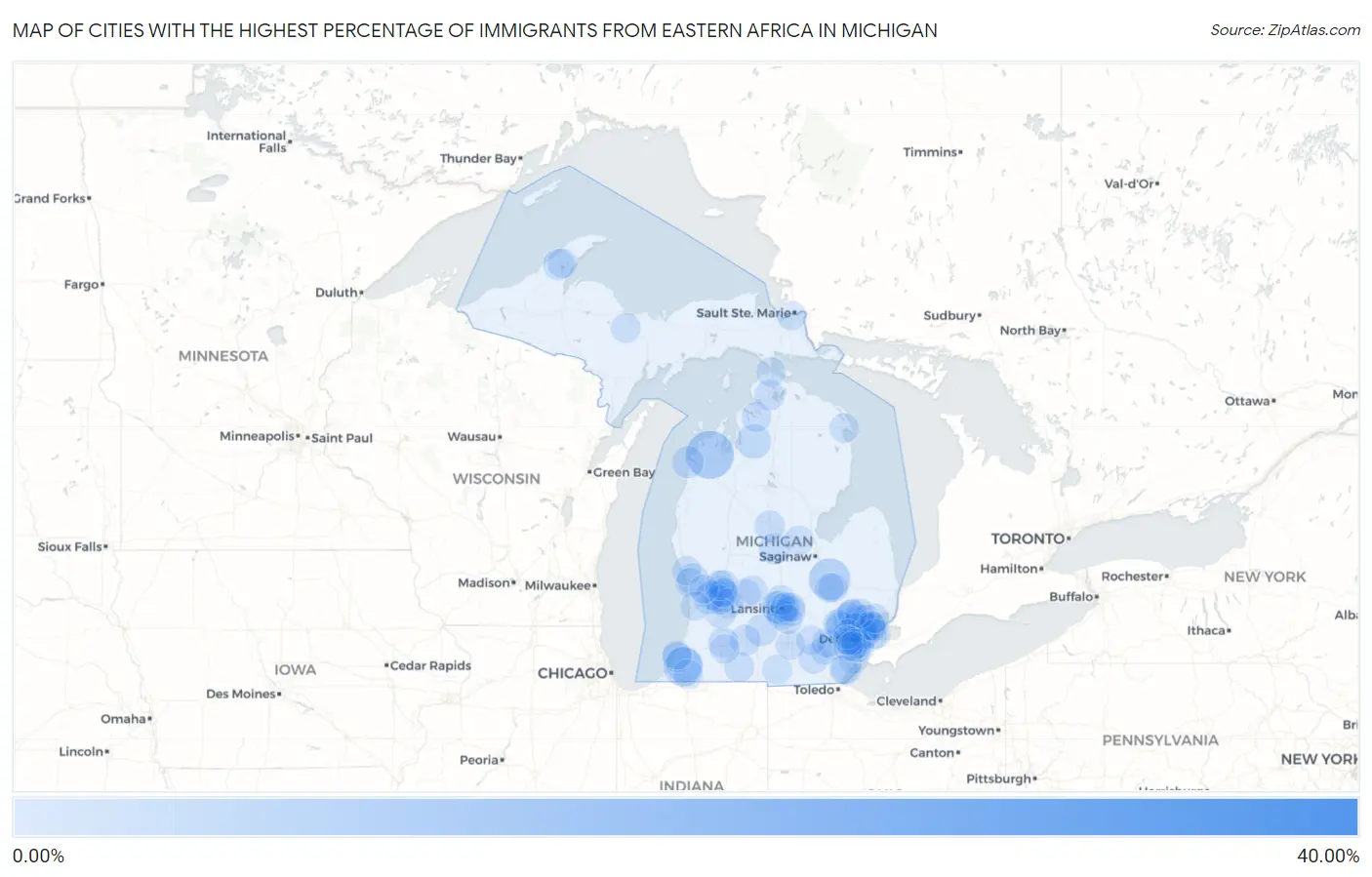 Cities with the Highest Percentage of Immigrants from Eastern Africa in Michigan Map