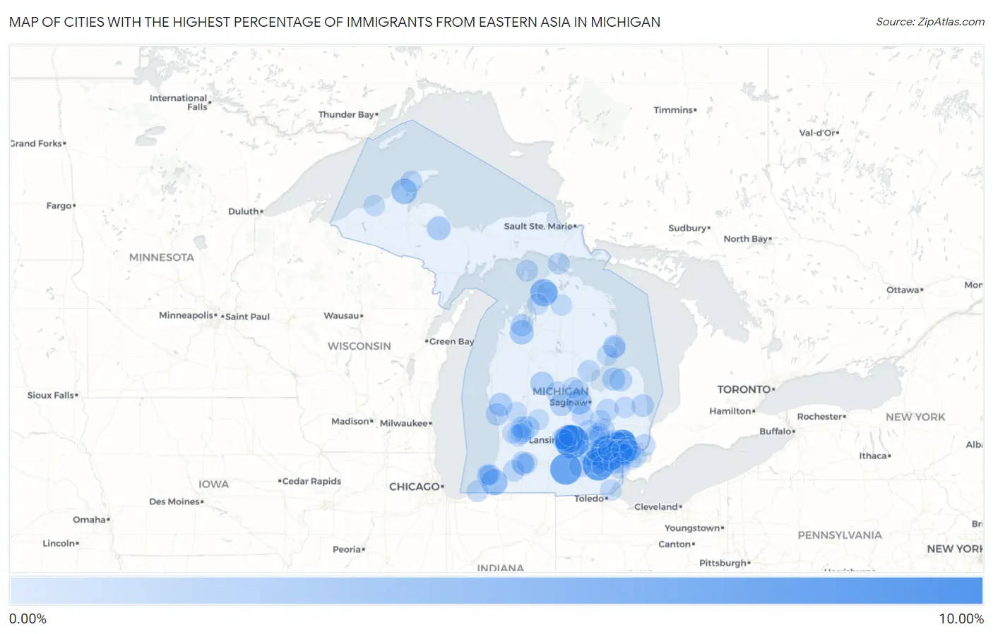 Cities with the Highest Percentage of Immigrants from Eastern Asia in Michigan Map