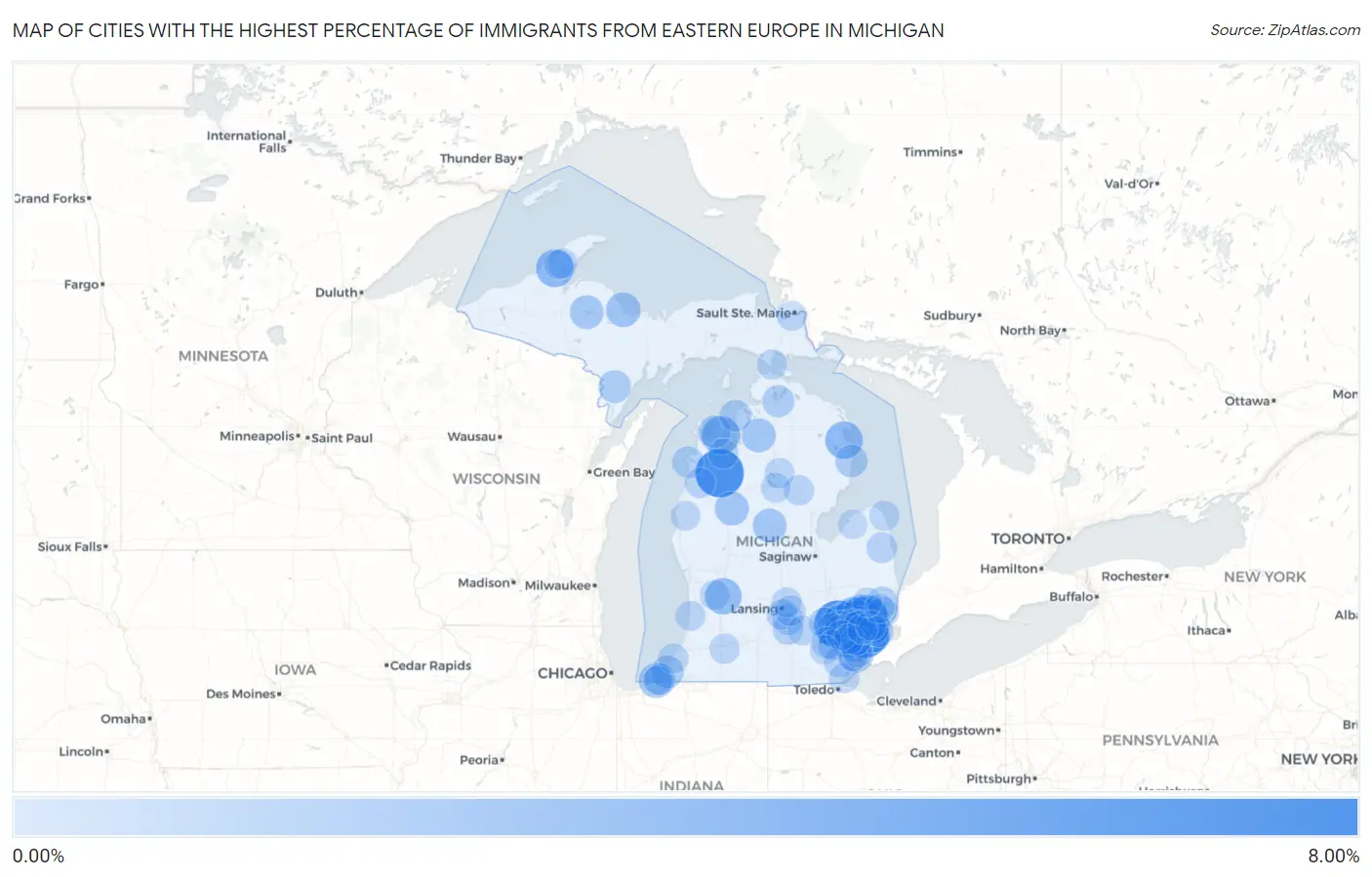 Cities with the Highest Percentage of Immigrants from Eastern Europe in Michigan Map