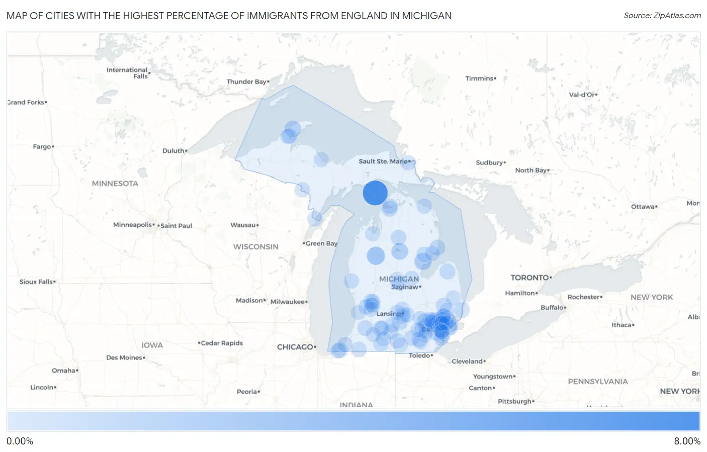 Cities with the Highest Percentage of Immigrants from England in Michigan Map