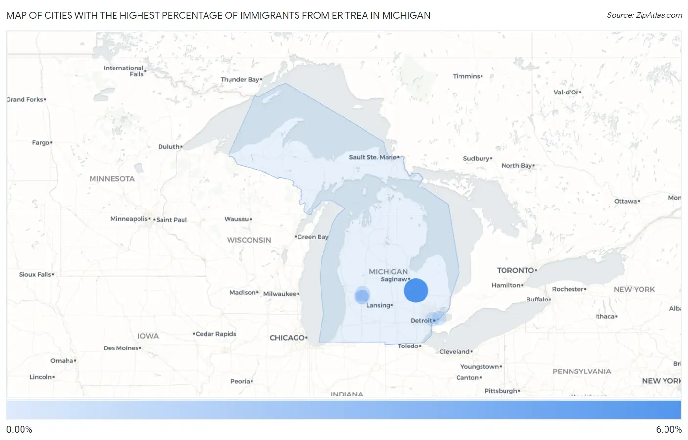 Cities with the Highest Percentage of Immigrants from Eritrea in Michigan Map
