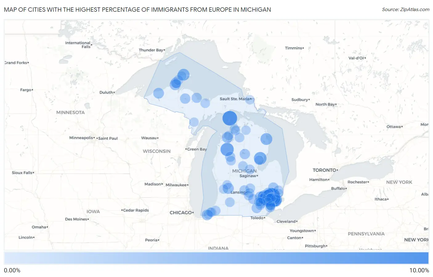 Cities with the Highest Percentage of Immigrants from Europe in Michigan Map