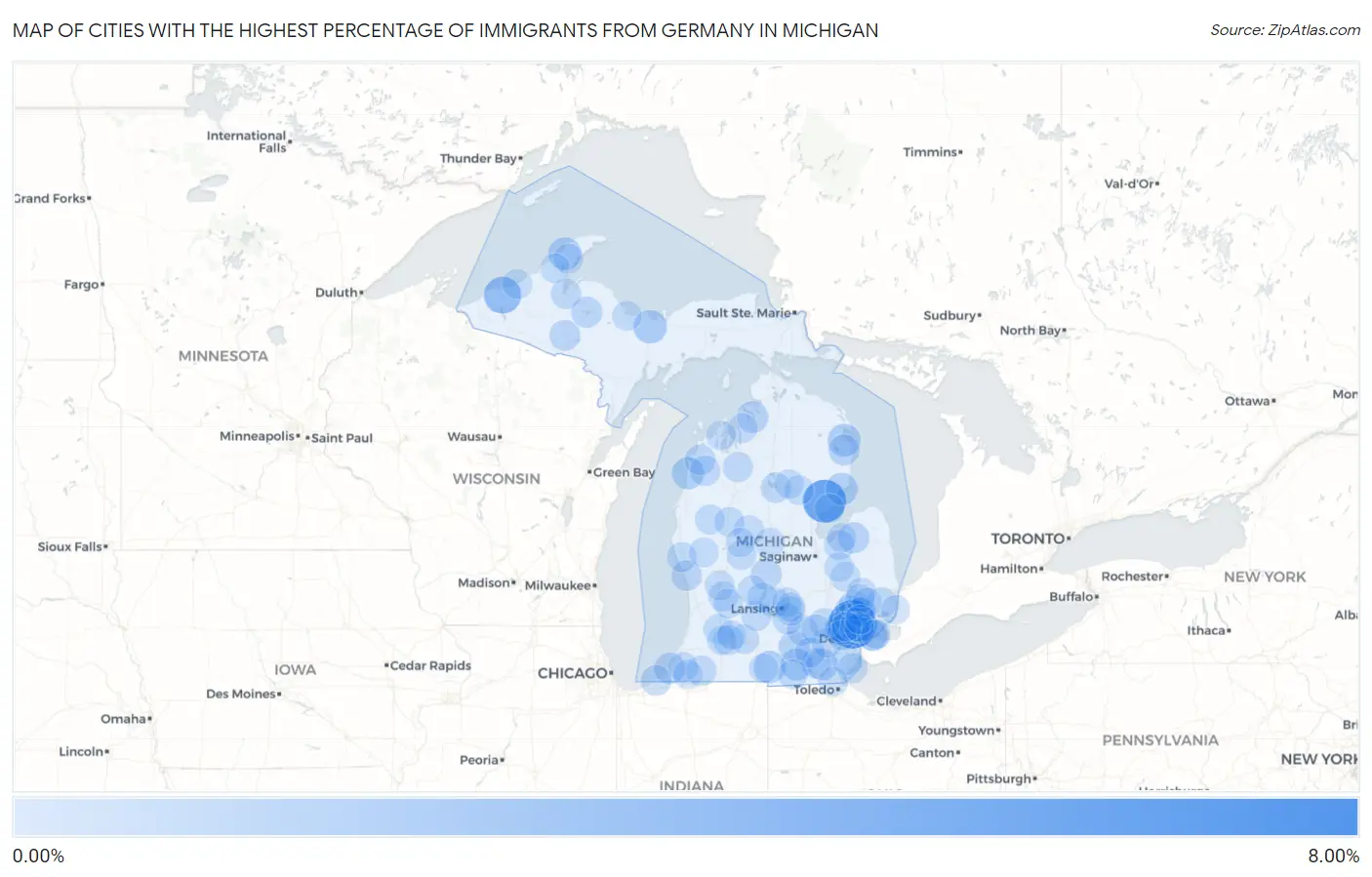 Cities with the Highest Percentage of Immigrants from Germany in Michigan Map