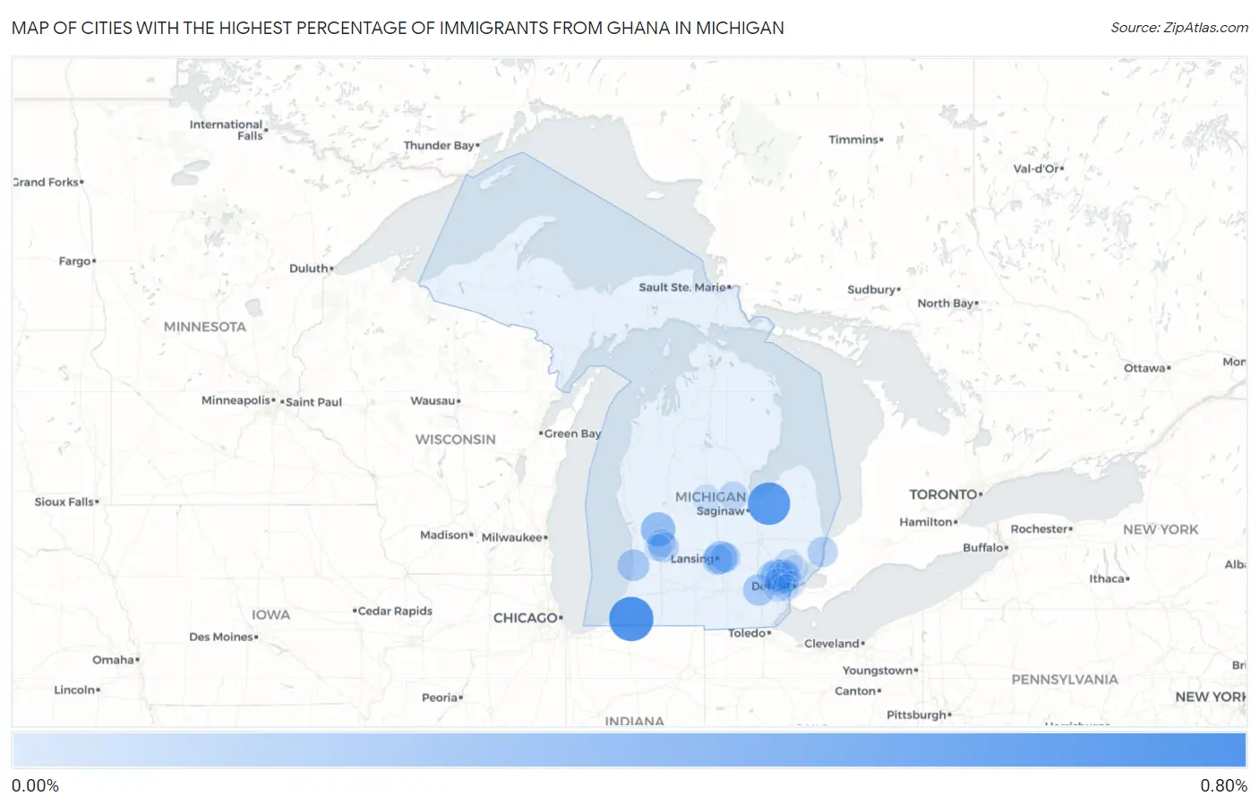 Cities with the Highest Percentage of Immigrants from Ghana in Michigan Map