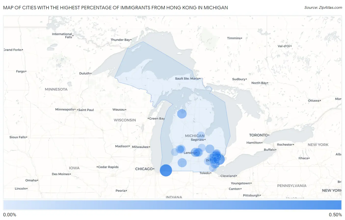 Cities with the Highest Percentage of Immigrants from Hong Kong in Michigan Map