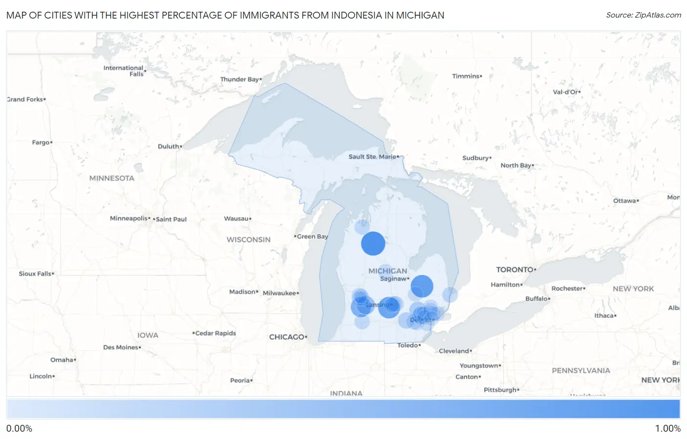 Cities with the Highest Percentage of Immigrants from Indonesia in Michigan Map