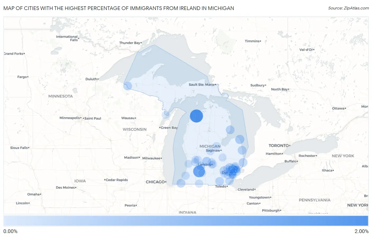 Cities with the Highest Percentage of Immigrants from Ireland in Michigan Map