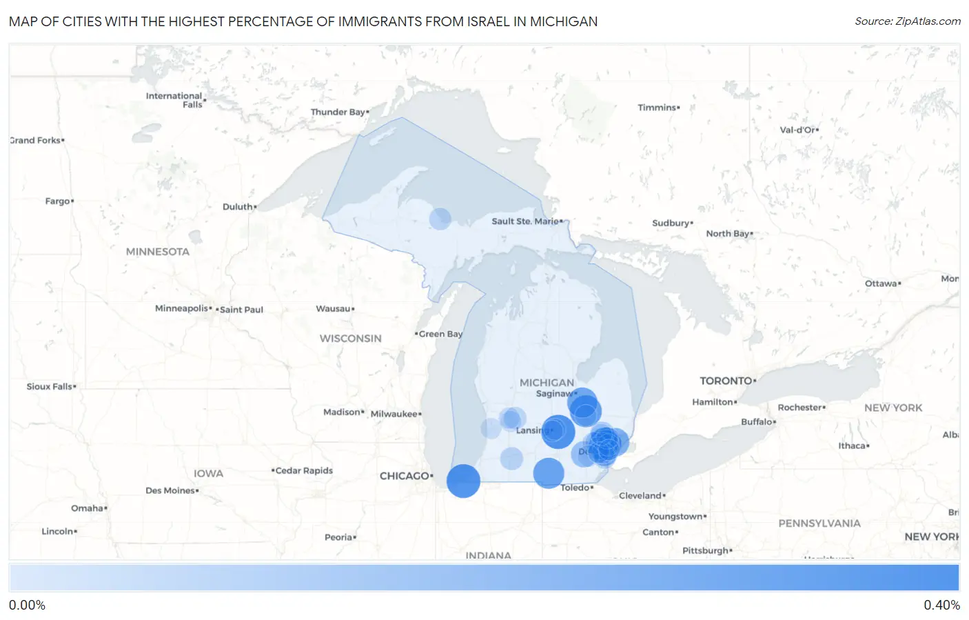 Cities with the Highest Percentage of Immigrants from Israel in Michigan Map