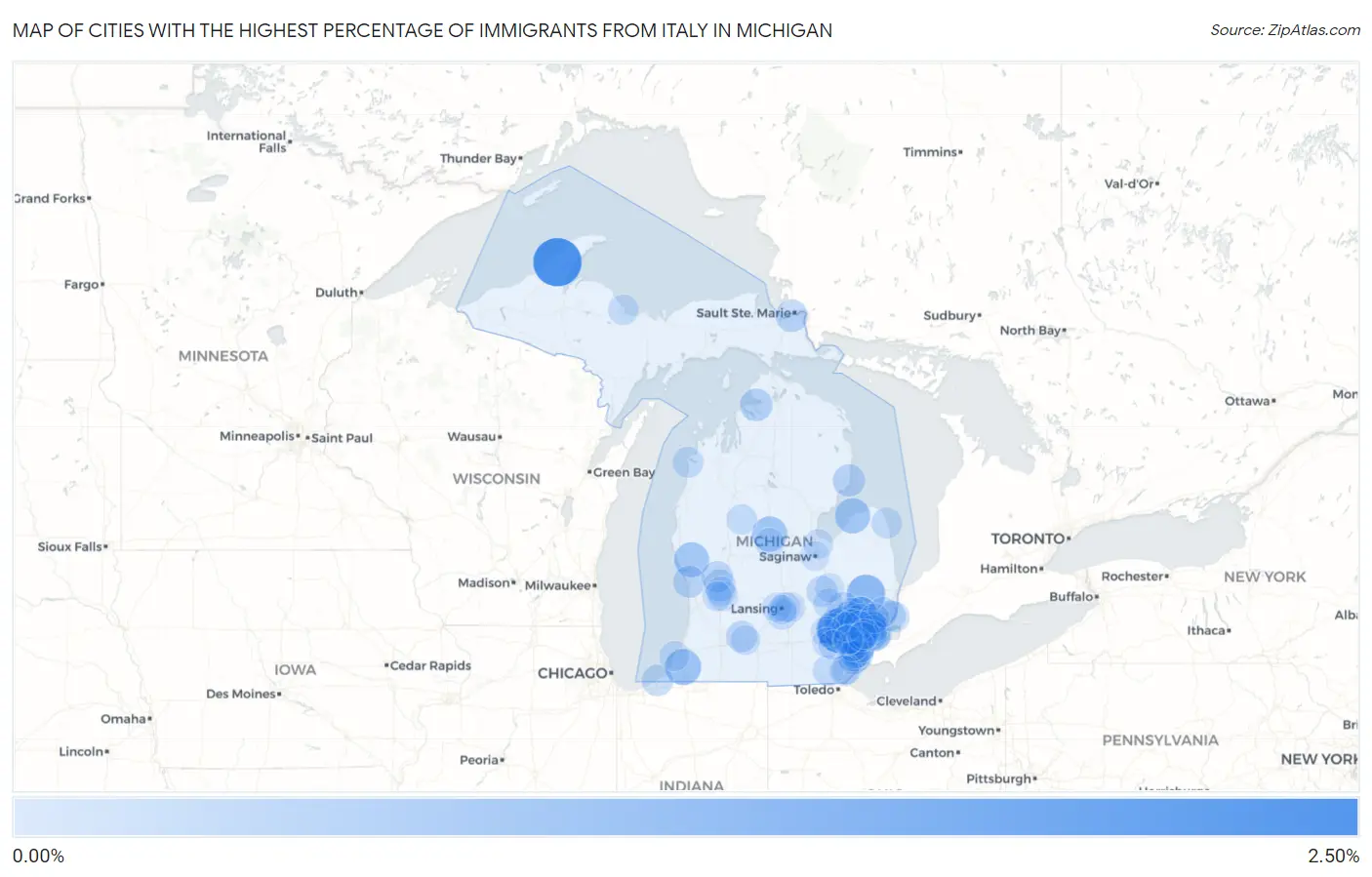 Cities with the Highest Percentage of Immigrants from Italy in Michigan Map