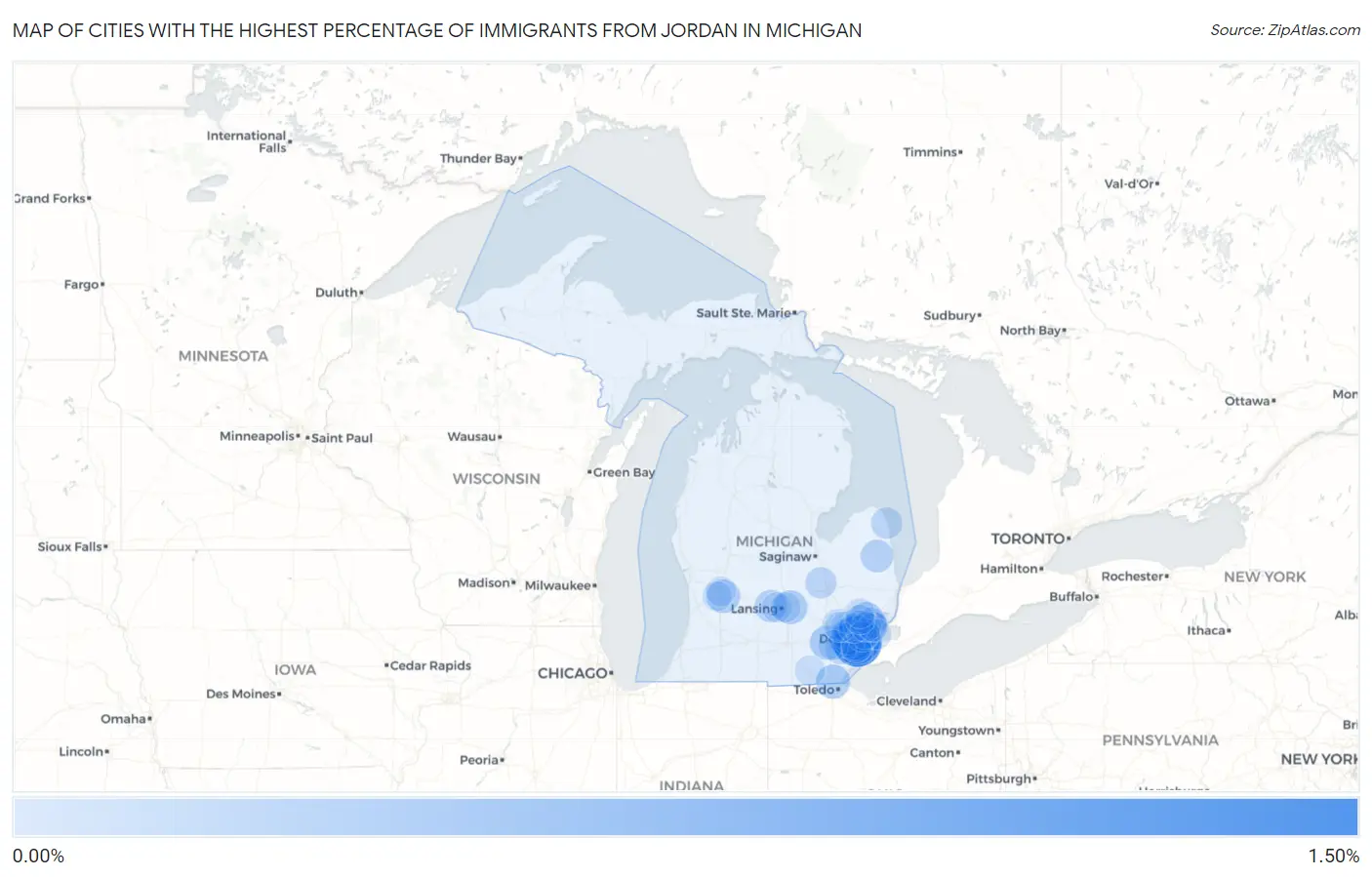 Cities with the Highest Percentage of Immigrants from Jordan in Michigan Map