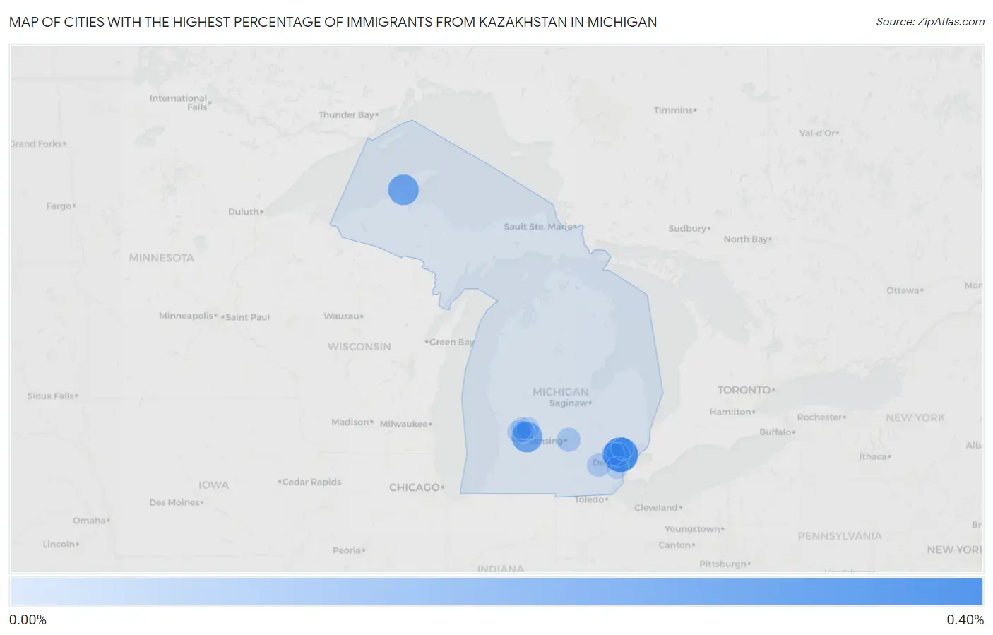 Cities with the Highest Percentage of Immigrants from Kazakhstan in Michigan Map