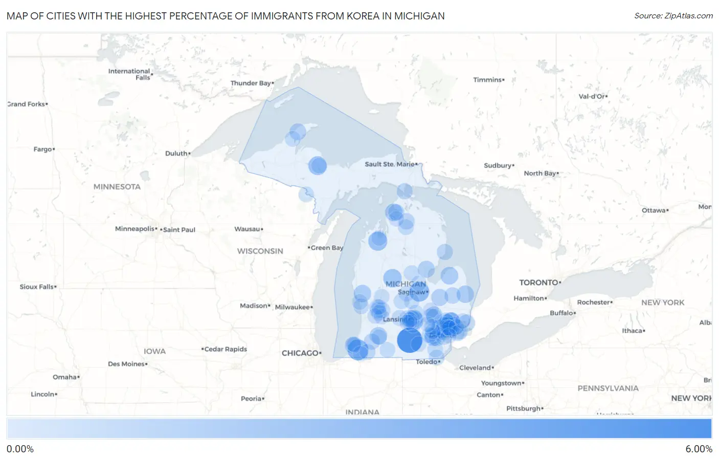 Cities with the Highest Percentage of Immigrants from Korea in Michigan Map