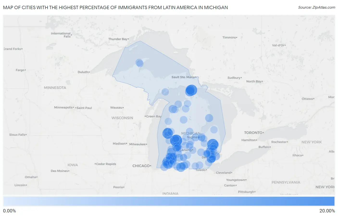 Cities with the Highest Percentage of Immigrants from Latin America in Michigan Map