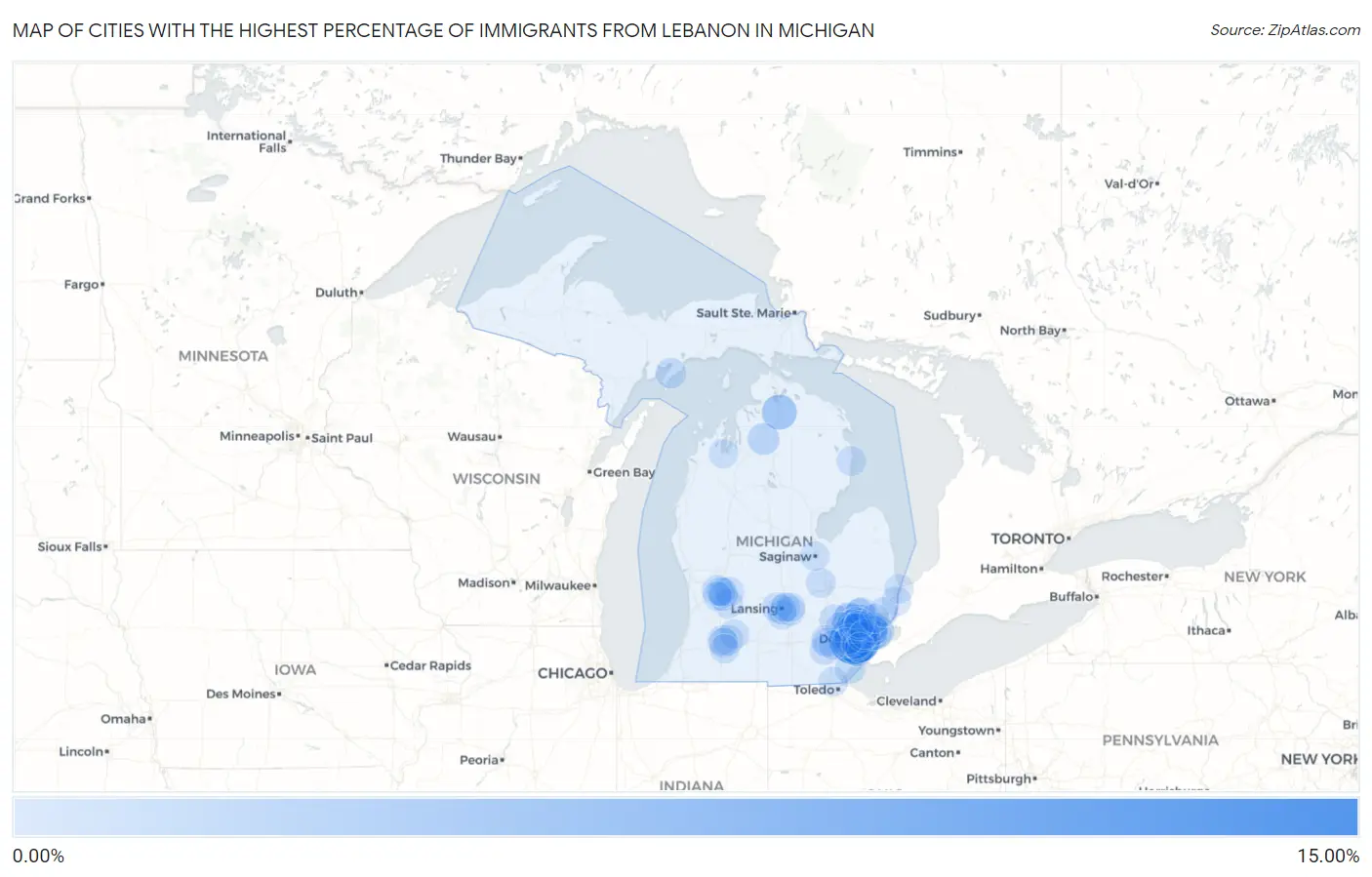 Cities with the Highest Percentage of Immigrants from Lebanon in Michigan Map