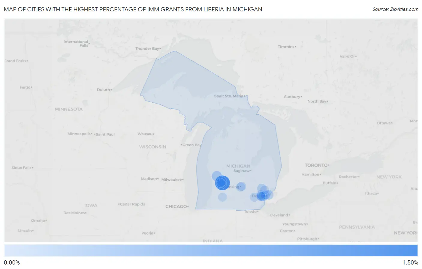 Cities with the Highest Percentage of Immigrants from Liberia in Michigan Map