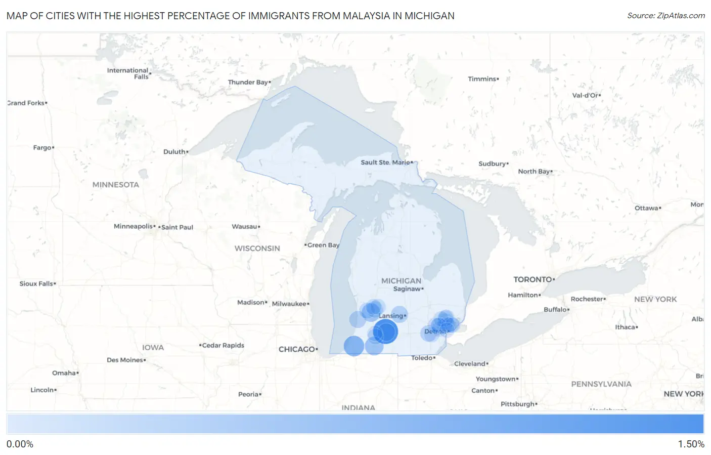 Cities with the Highest Percentage of Immigrants from Malaysia in Michigan Map