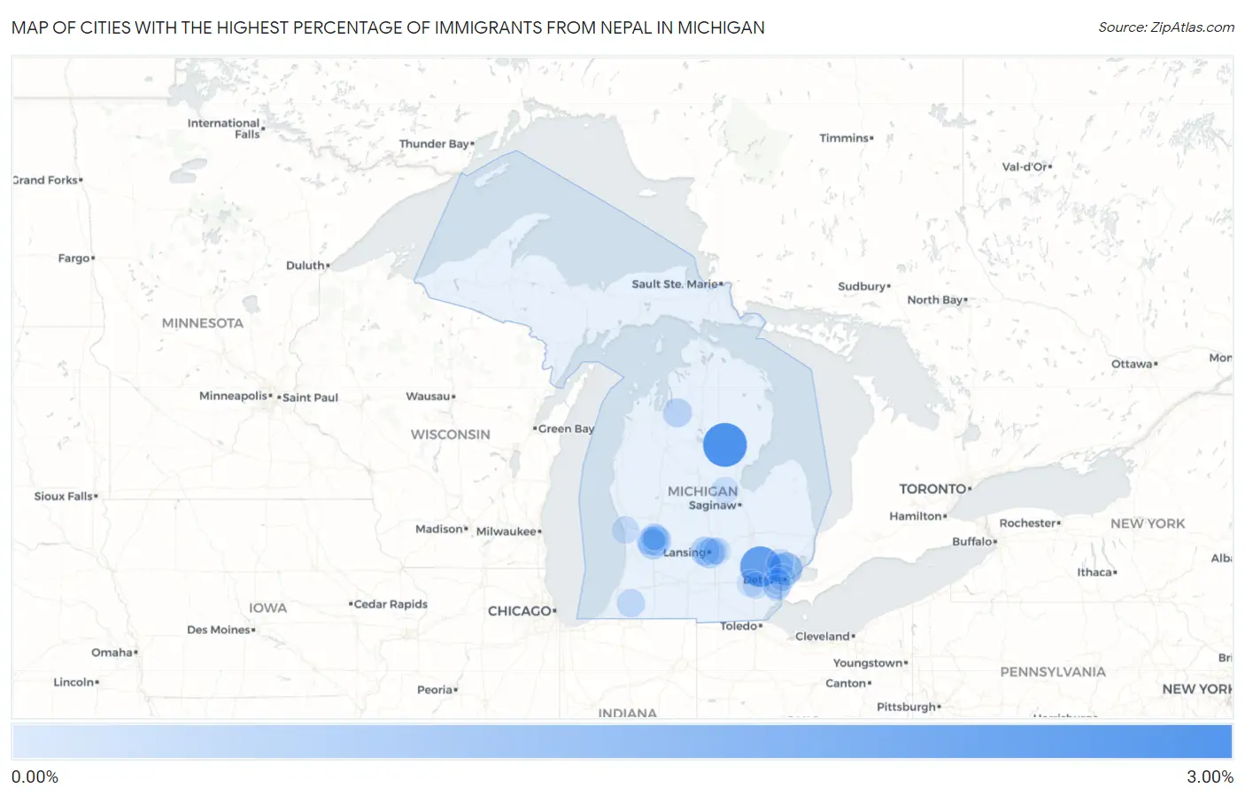 Cities with the Highest Percentage of Immigrants from Nepal in Michigan Map