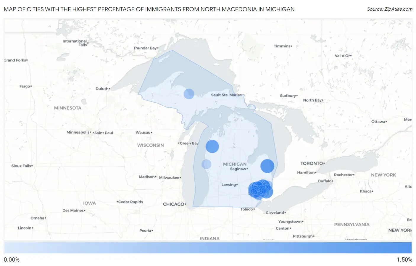 Cities with the Highest Percentage of Immigrants from North Macedonia in Michigan Map