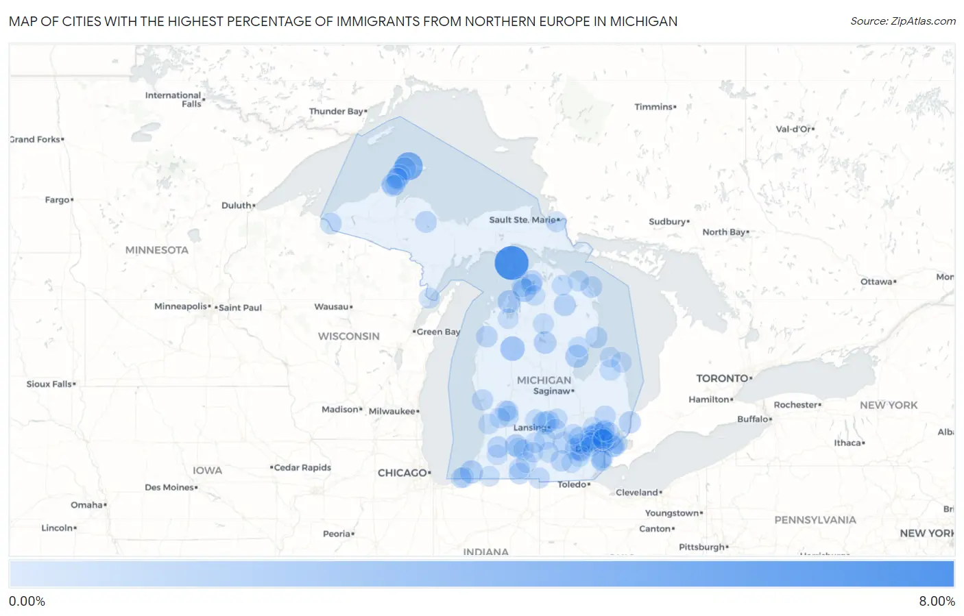 Cities with the Highest Percentage of Immigrants from Northern Europe in Michigan Map