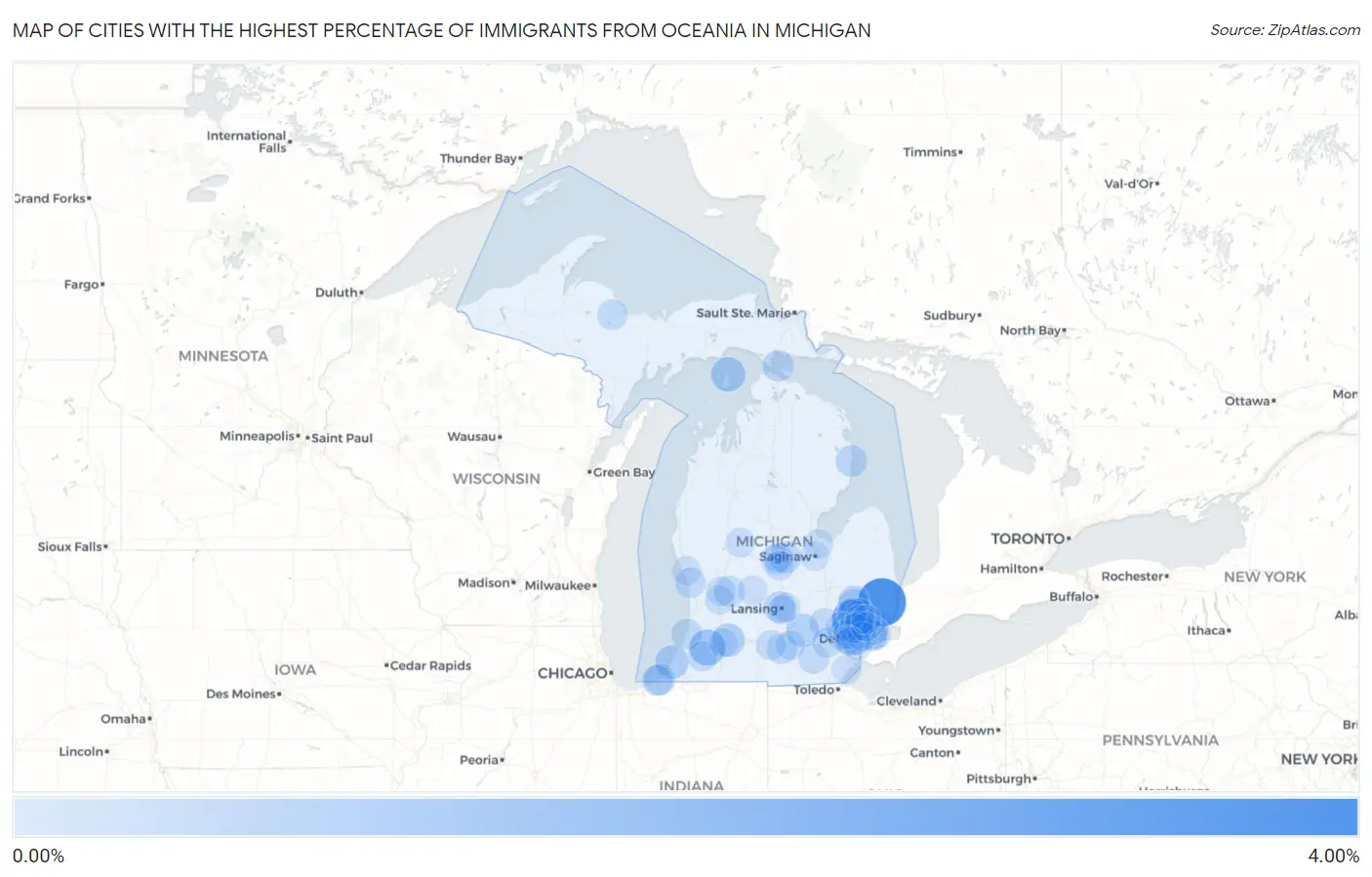 Cities with the Highest Percentage of Immigrants from Oceania in Michigan Map