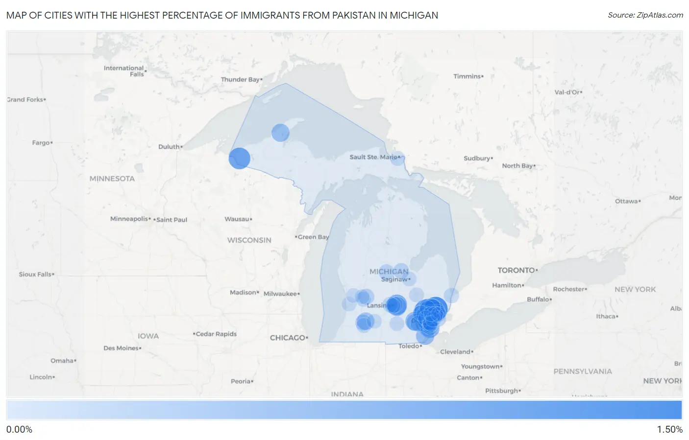 Cities with the Highest Percentage of Immigrants from Pakistan in Michigan Map