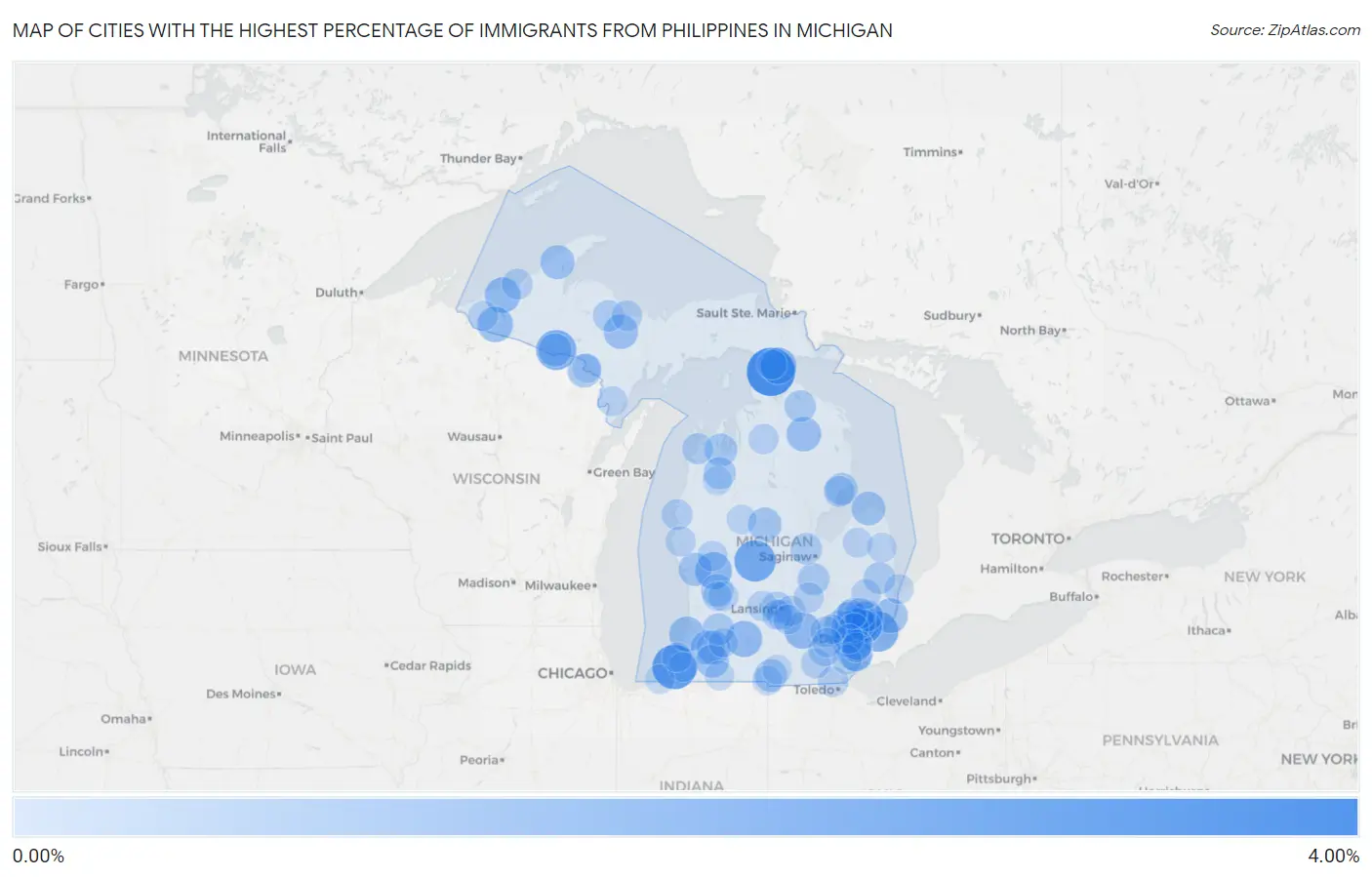 Cities with the Highest Percentage of Immigrants from Philippines in Michigan Map