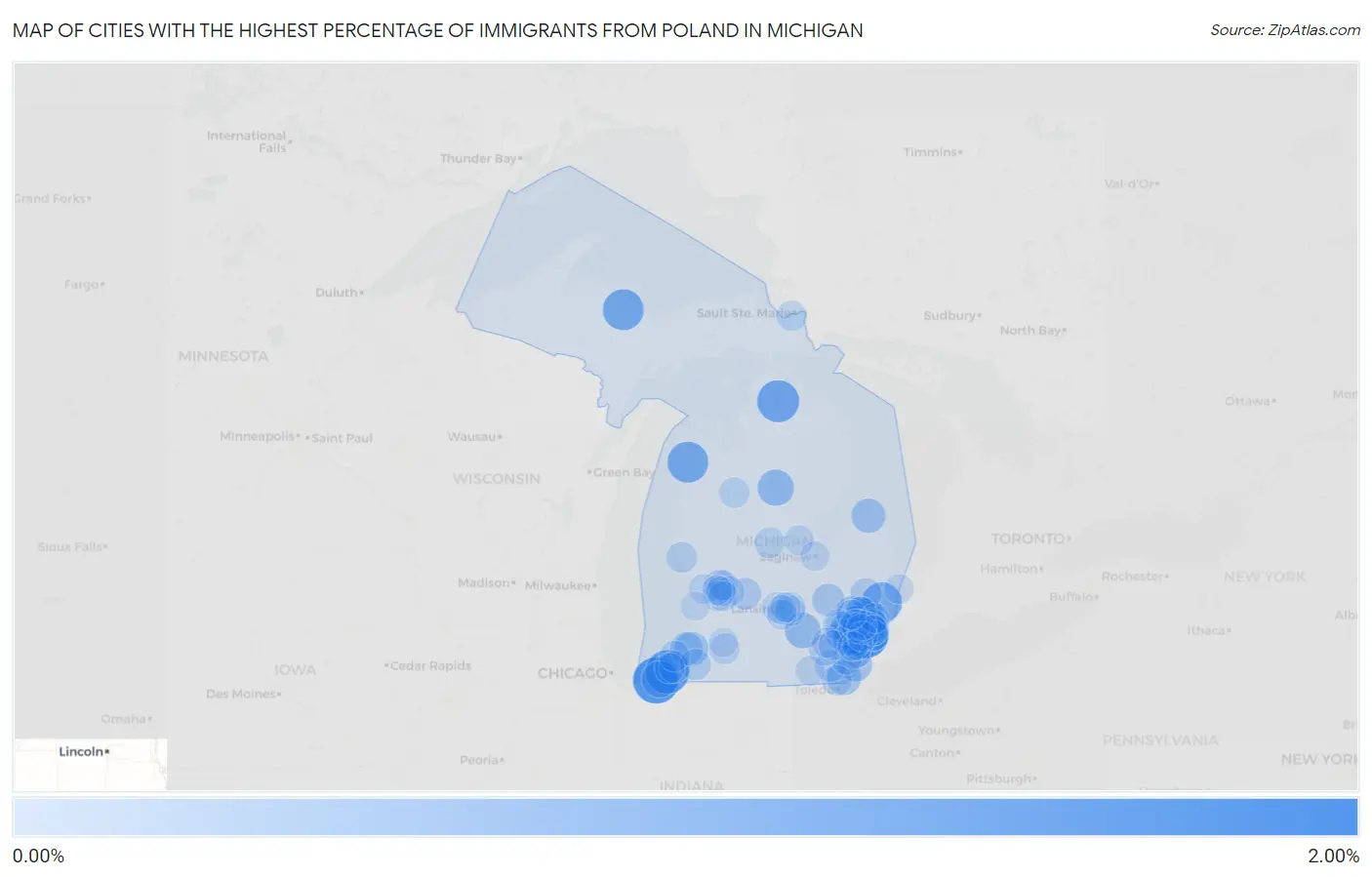Cities with the Highest Percentage of Immigrants from Poland in Michigan Map