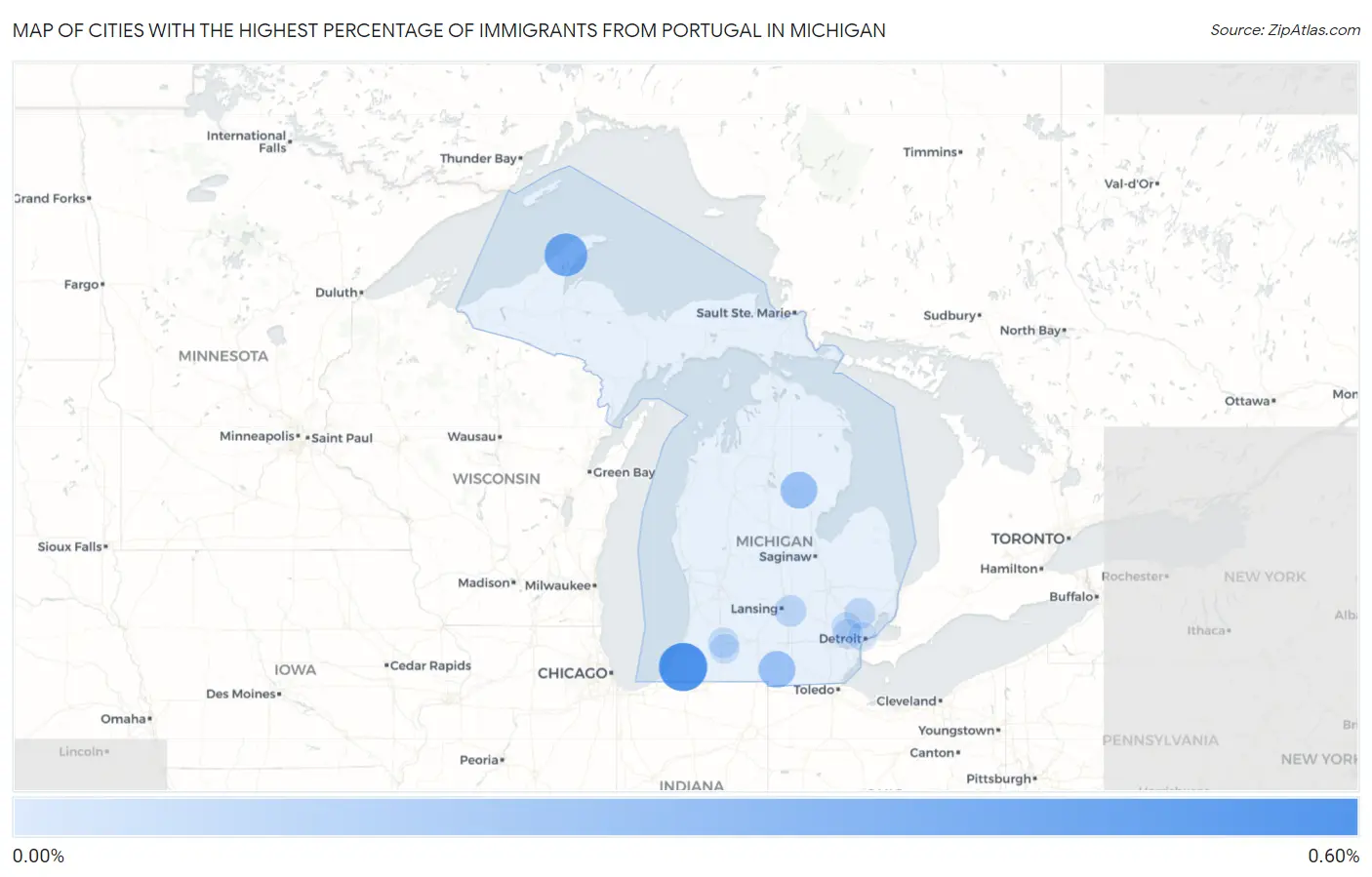 Cities with the Highest Percentage of Immigrants from Portugal in Michigan Map