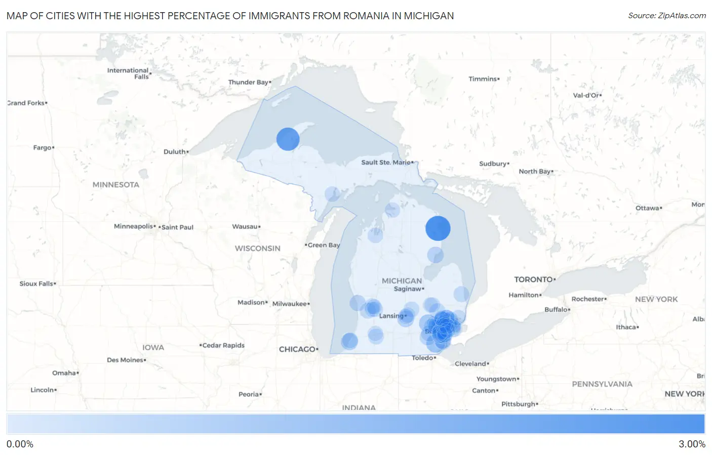 Cities with the Highest Percentage of Immigrants from Romania in Michigan Map