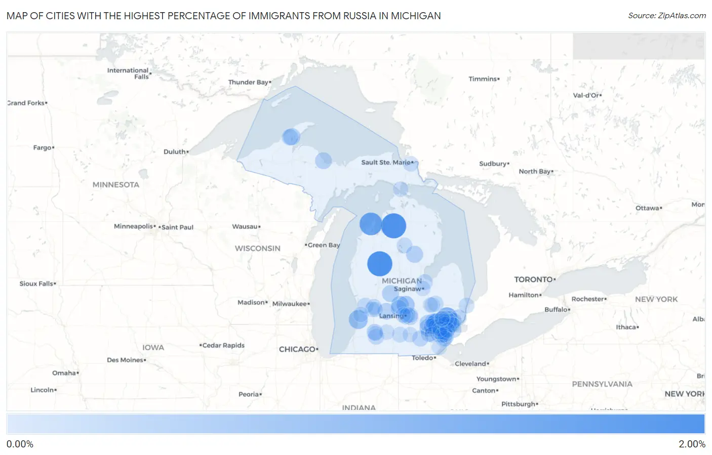 Cities with the Highest Percentage of Immigrants from Russia in Michigan Map