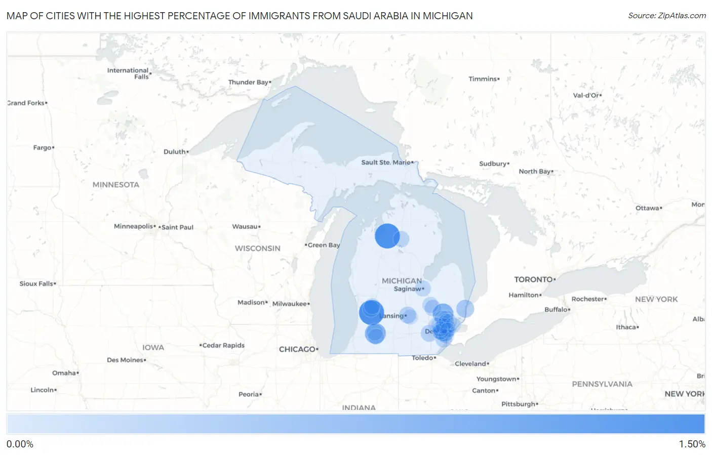 Cities with the Highest Percentage of Immigrants from Saudi Arabia in Michigan Map
