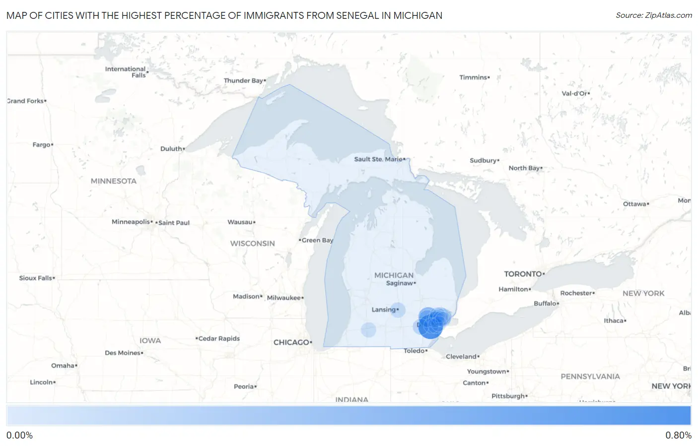 Cities with the Highest Percentage of Immigrants from Senegal in Michigan Map