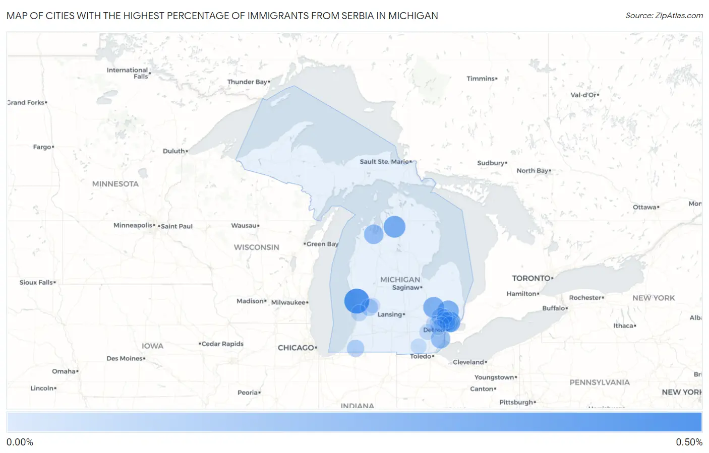 Cities with the Highest Percentage of Immigrants from Serbia in Michigan Map