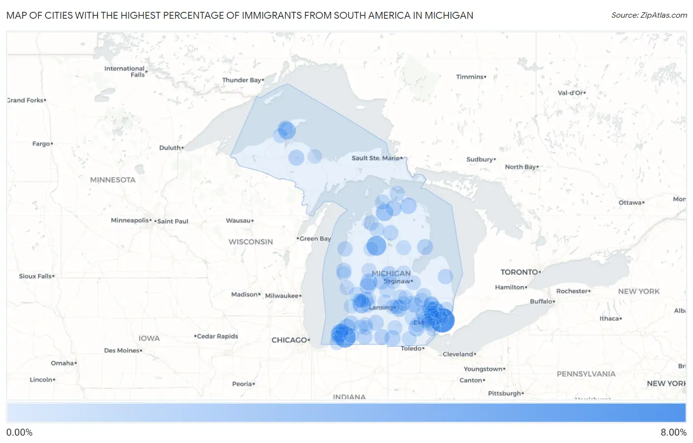 Cities with the Highest Percentage of Immigrants from South America in Michigan Map