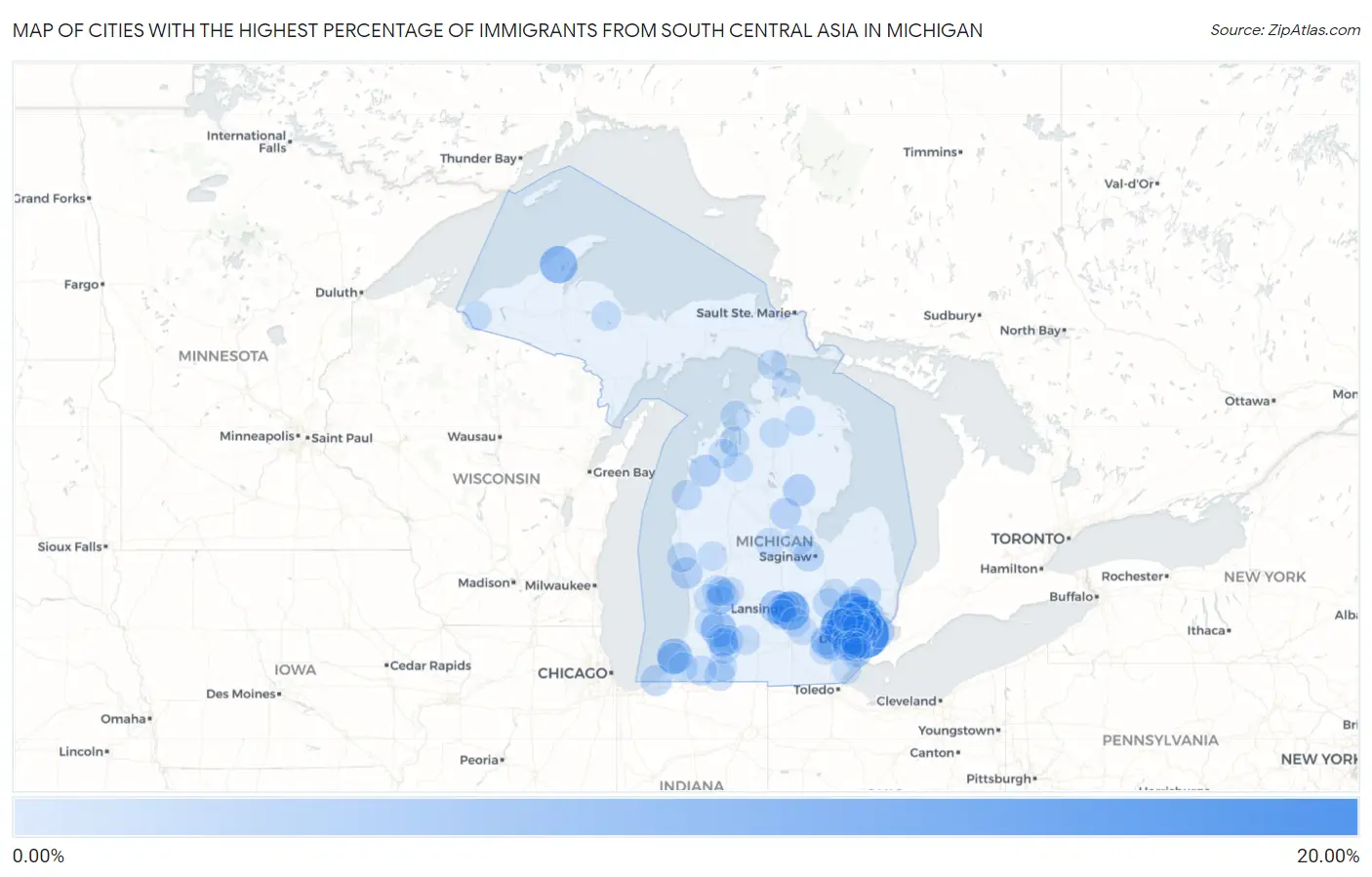 Cities with the Highest Percentage of Immigrants from South Central Asia in Michigan Map