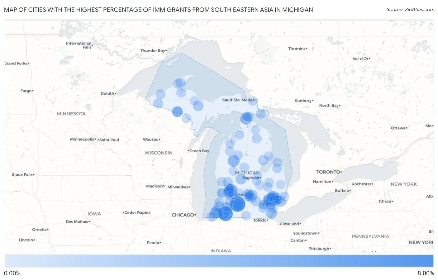 Cities with the Highest Percentage of Immigrants from South Eastern Asia in Michigan Map