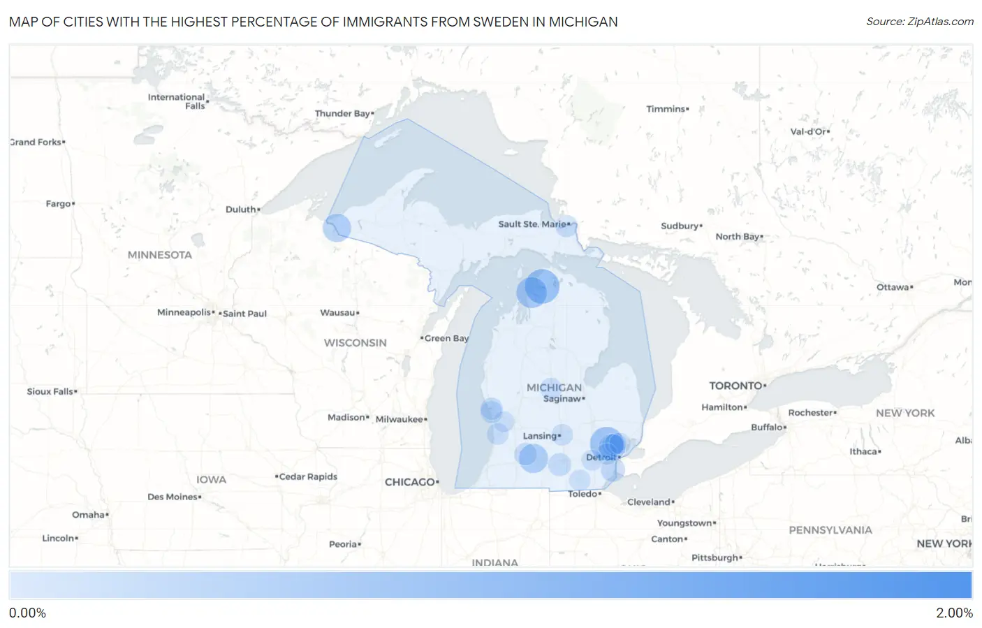 Cities with the Highest Percentage of Immigrants from Sweden in Michigan Map