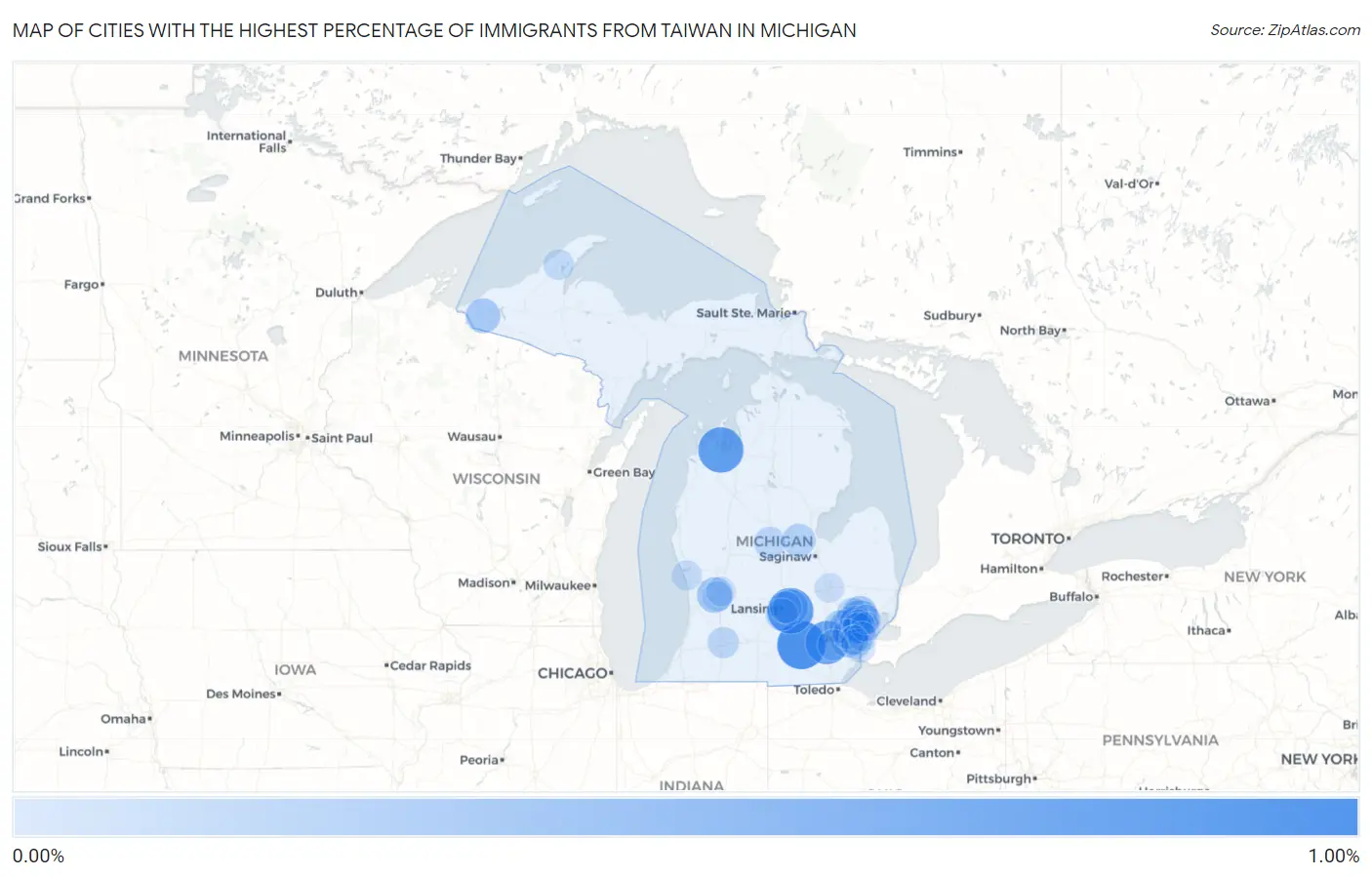 Cities with the Highest Percentage of Immigrants from Taiwan in Michigan Map