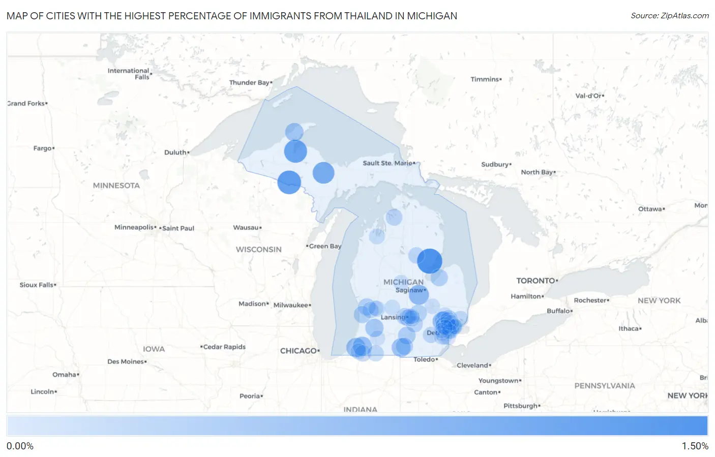 Cities with the Highest Percentage of Immigrants from Thailand in Michigan Map