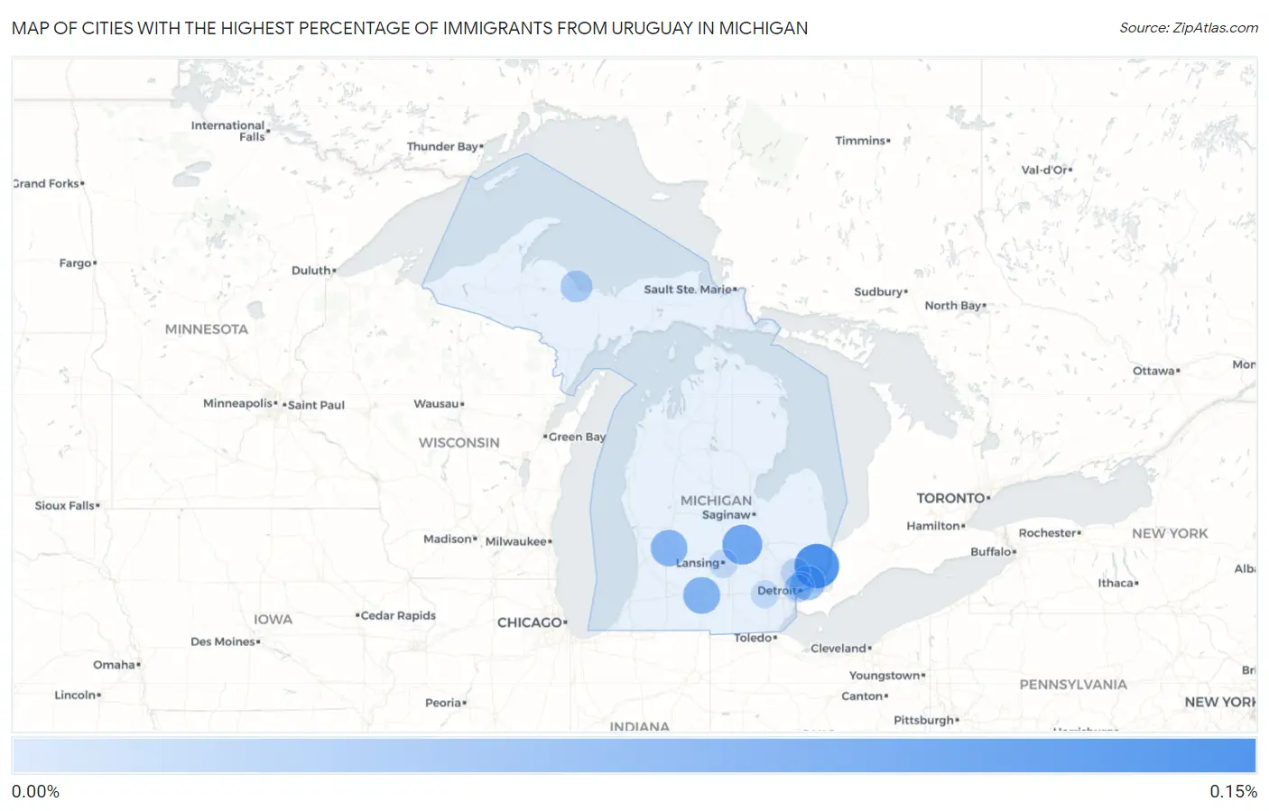 Cities with the Highest Percentage of Immigrants from Uruguay in Michigan Map
